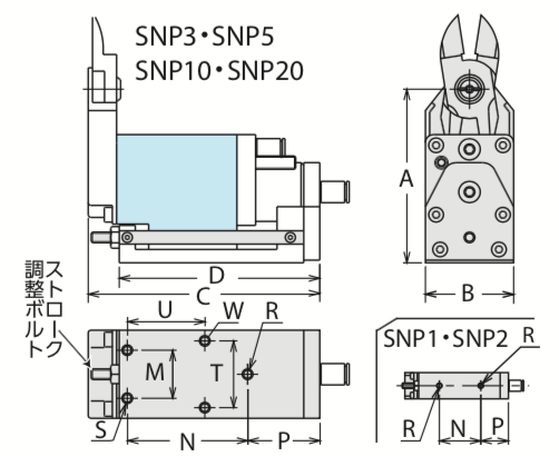 SNP型 ゲートカット用エアーニッパ 押し切りタイプ